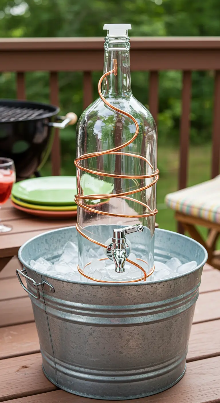 Dispensador de agua en botella de vidrio con un serpentín de cobre, dentro de un cubo con hielo.