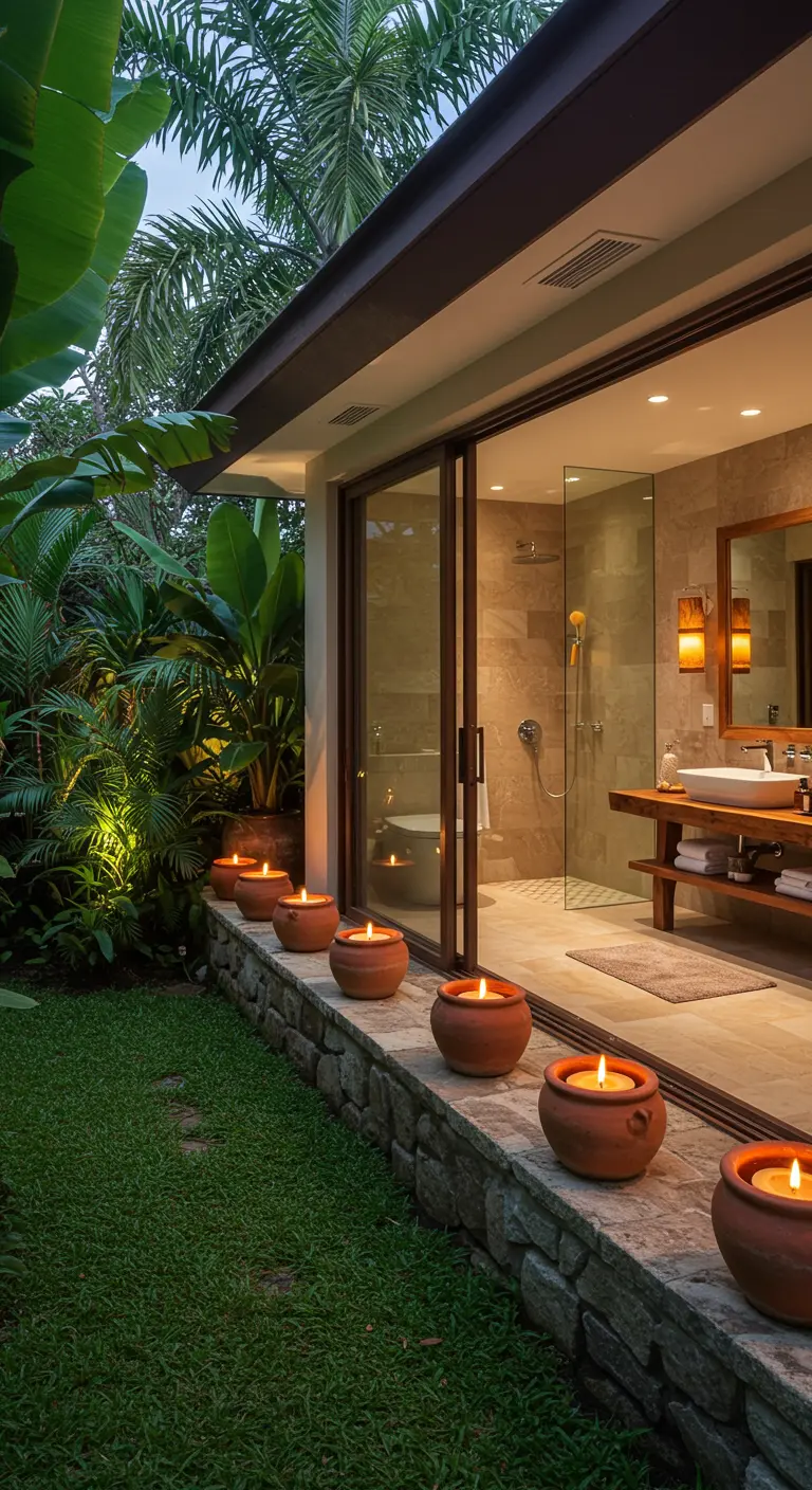 Baño que se abre a un jardín tropical con velas en un muro de piedra.