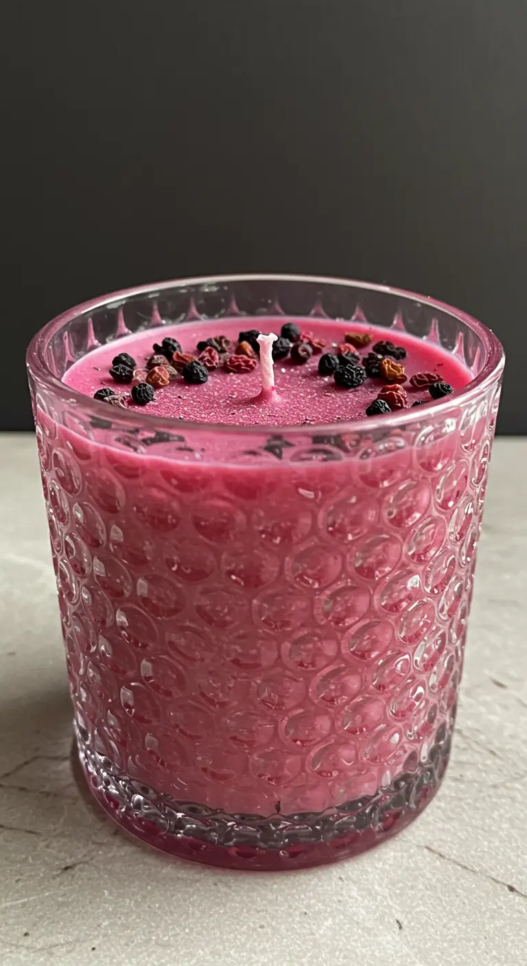 Vela de cera rosa en un vaso de cristal texturizado, decorada con bayas secas oscuras
