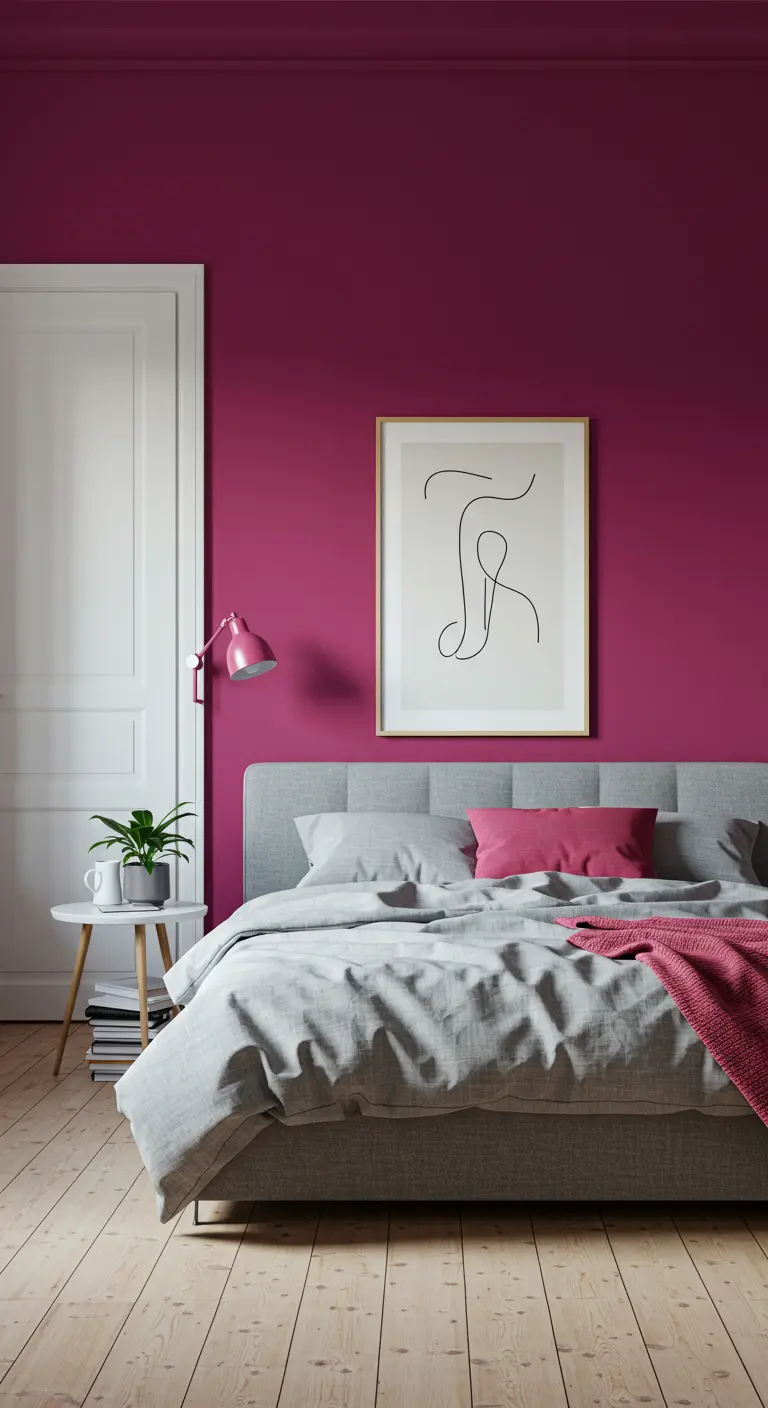 Dormitorio minimalista con una pared de acento color magenta, cama gris y un cuadro de arte lineal.