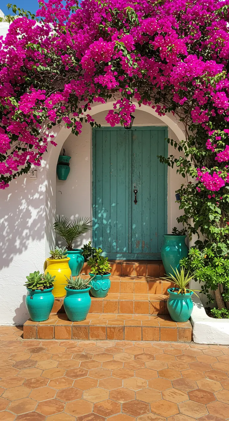 Puerta turquesa enmarcada por una buganvilla fucsia y macetas de cerámica de colores vivos.