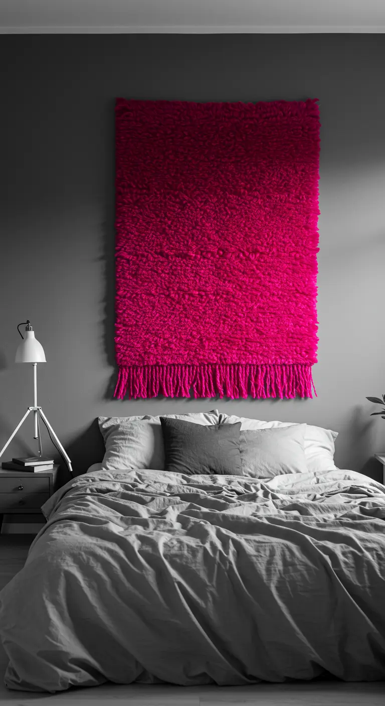 Dormitorio gris con un gran tapiz de lana fucsia muy vibrante colgado sobre la cama.