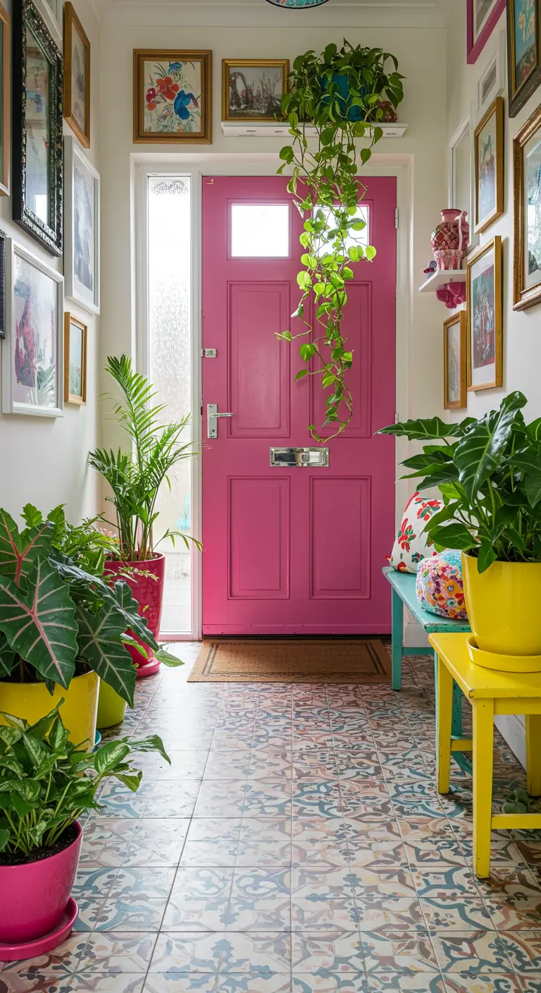 Recibidor ecléctico y colorido con puerta fucsia, muchas plantas y suelo hidráulico.