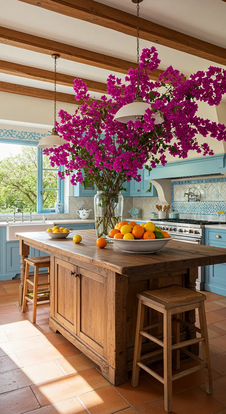 Cocina azul con isla de madera y un gran jarrón con buganvillas fucsias.