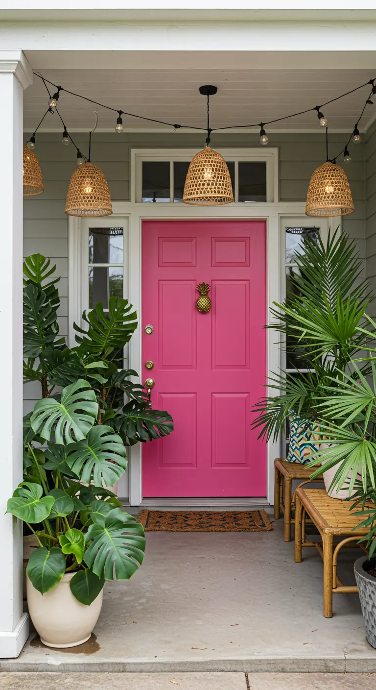 Puerta rosa fucsia en un porche decorado con plantas tropicales y lámparas de mimbre