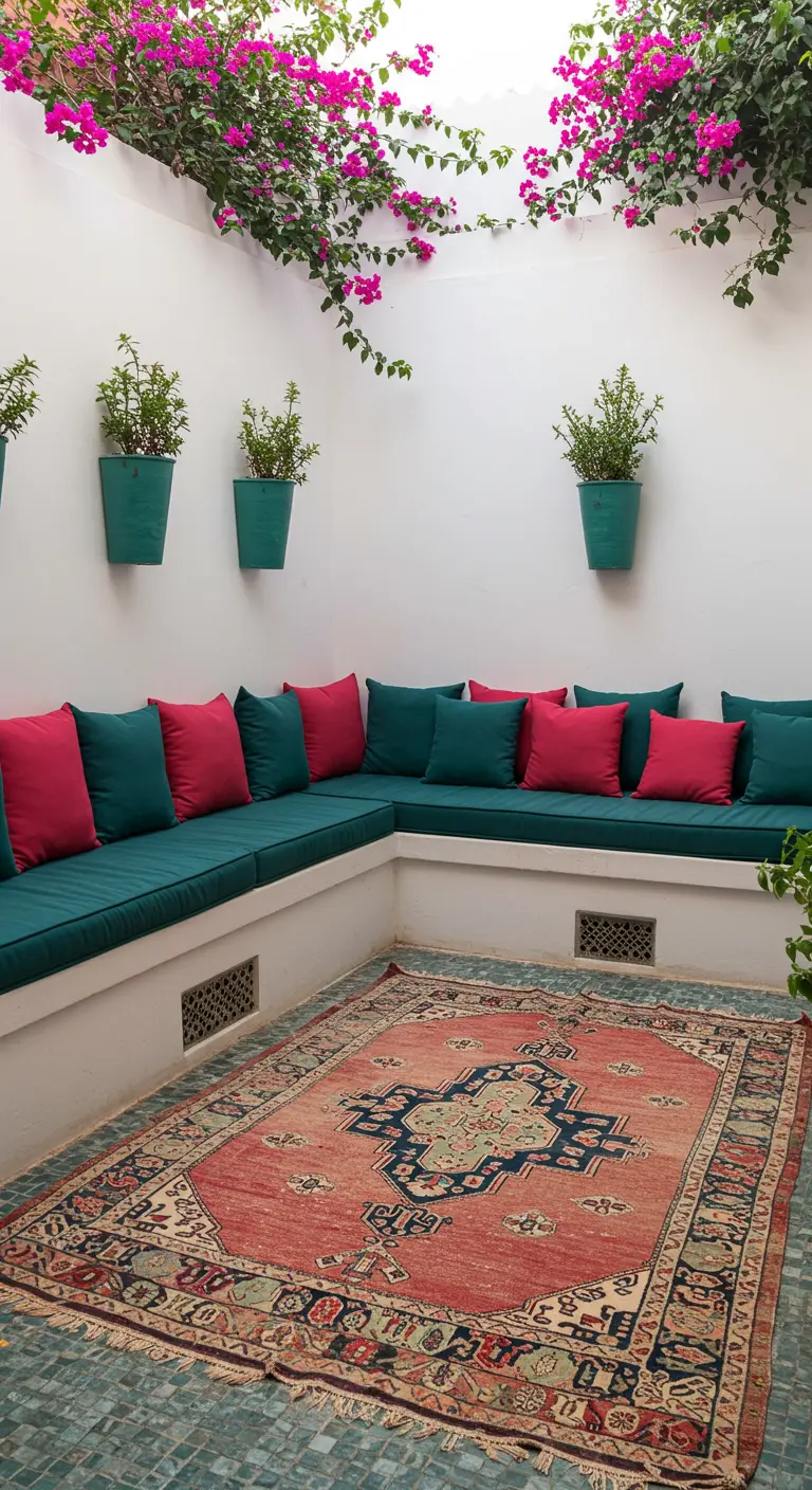 Patio mediterráneo con paredes blancas, banco de obra, cojines fucsia y turquesa y buganvillas.