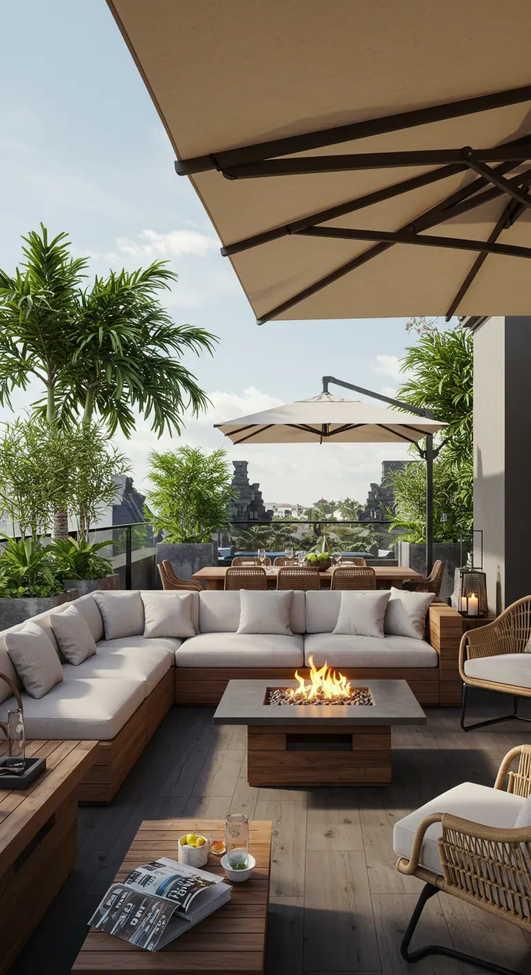 Terraza en azotea con un gran sofá modular, sombrillas y una mesa con hoguera central.