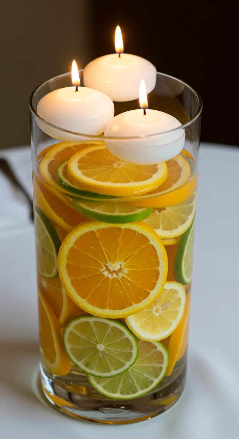 Jarrón de cristal alto lleno de rodajas de naranja, limón y lima con tres velas flotantes.