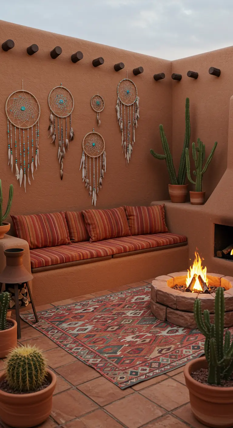 Patio de estilo suroeste con hoguera, banco de obra, cactus y atrapasueños con detalles turquesa