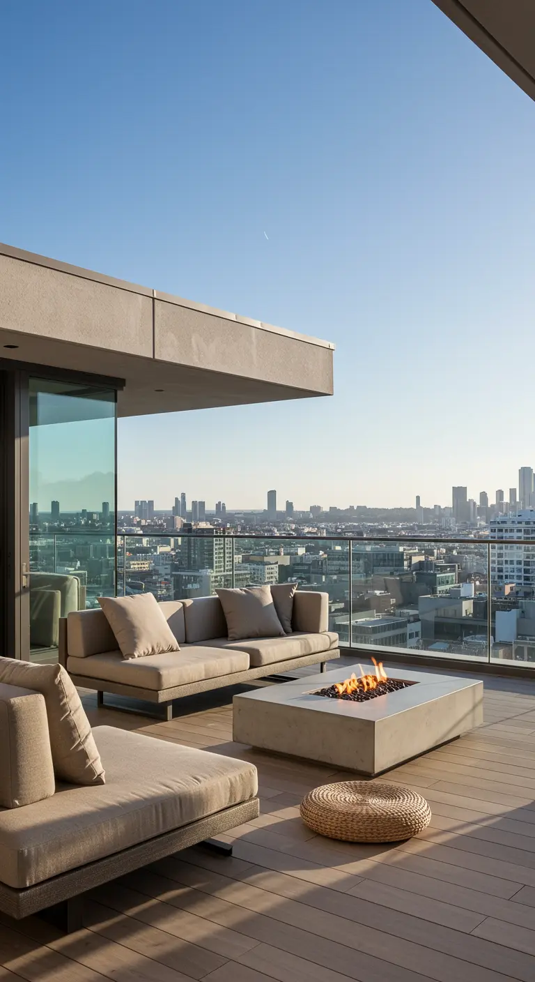 Terraza moderna con sofás modulares, un brasero de hormigón y vistas a la ciudad.