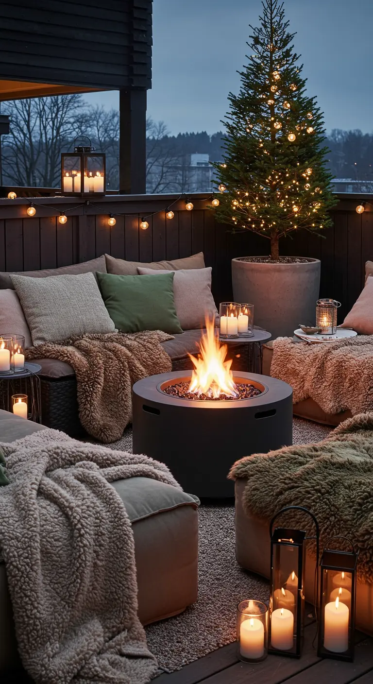 Terraza con brasero central encendido, sofás con mantas de borreguito y un árbol de Navidad.