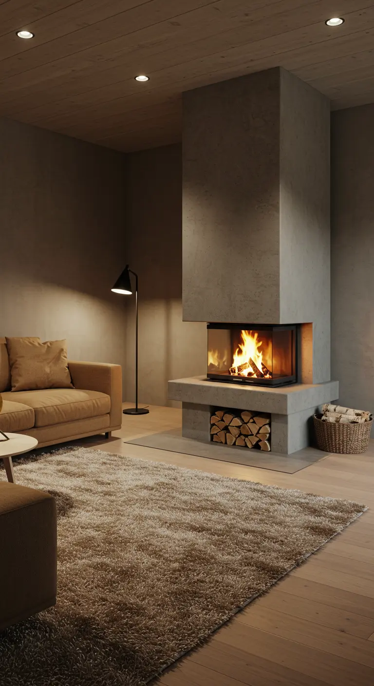 Salón minimalista con chimenea moderna de hormigón y alfombra shaggy