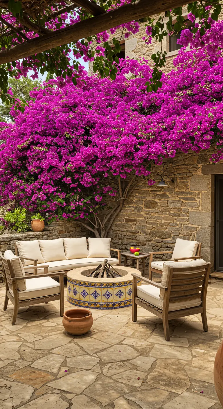 Patio rústico con fogón central decorado con azulejos amarillos y azules, y muebles de madera.