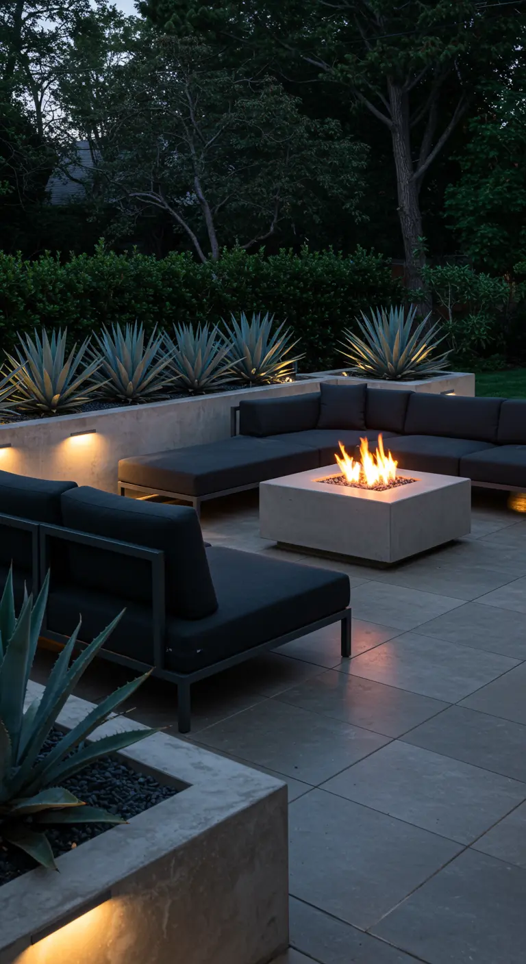 Patio moderno al anochecer con un fogonero central, sofás modulares oscuros y agaves iluminados