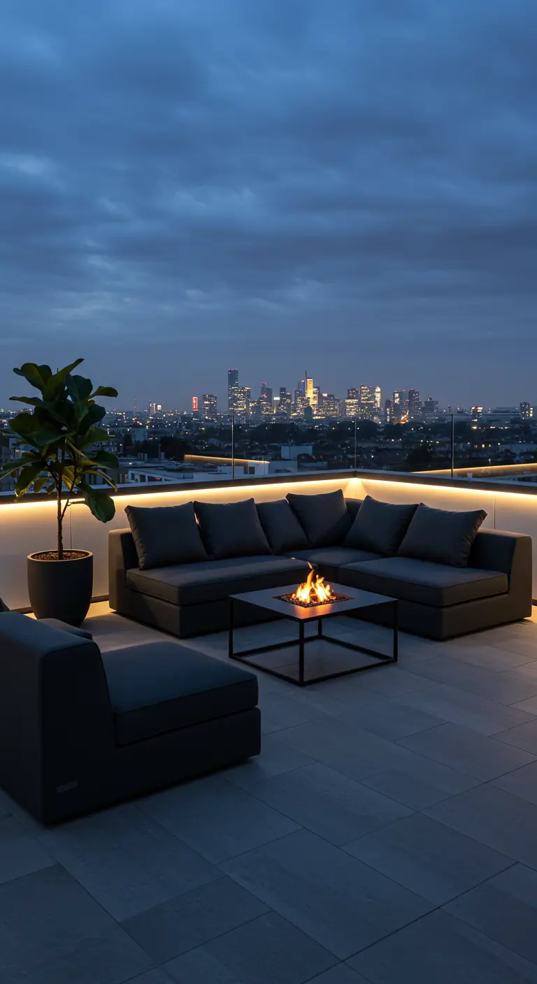Balcón moderno en azotea con sofá modular oscuro, fogón central y vistas a la ciudad de noche