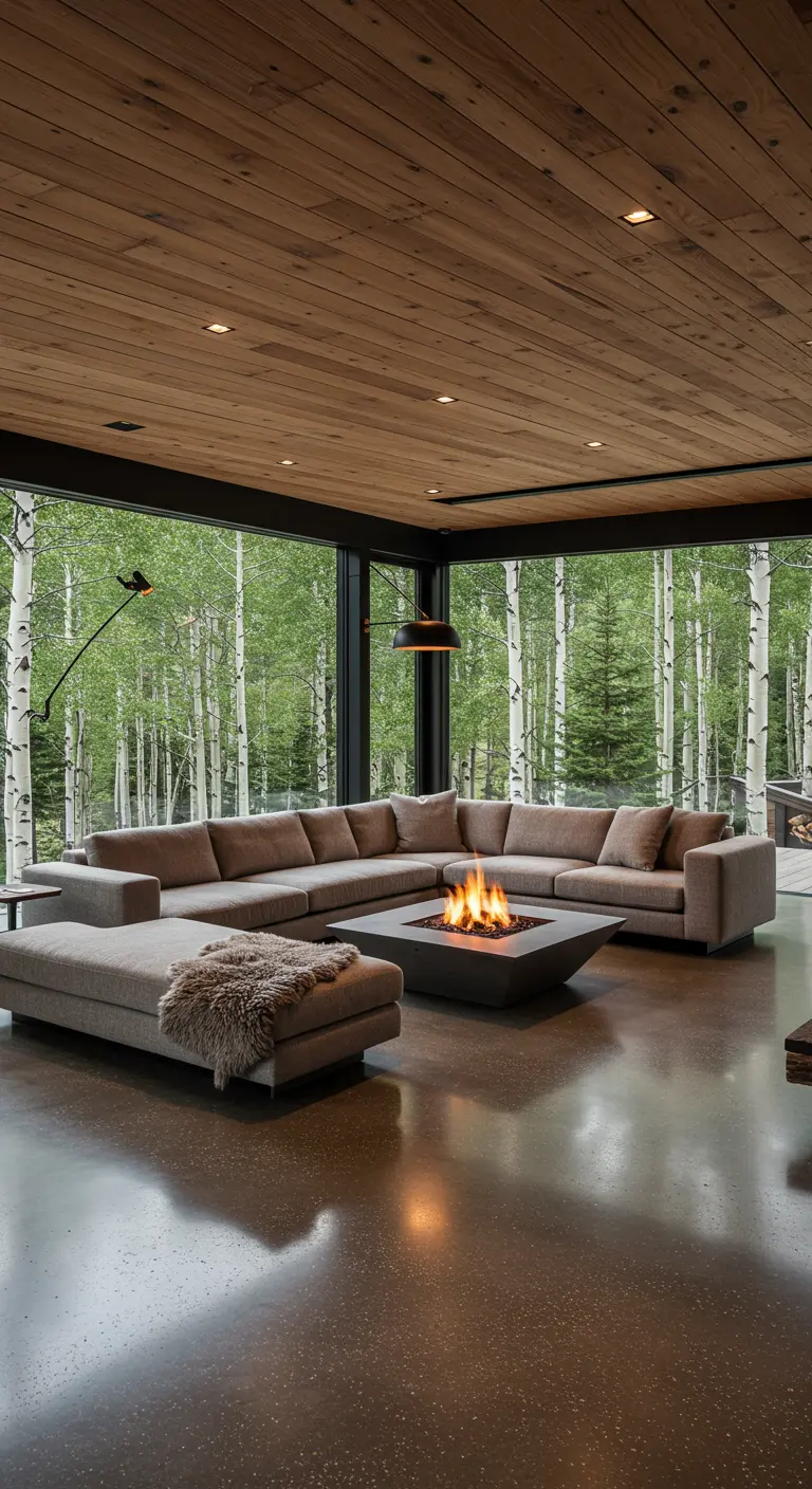 Sala de estar con ventanales, sofá en forma de U y una hoguera central.