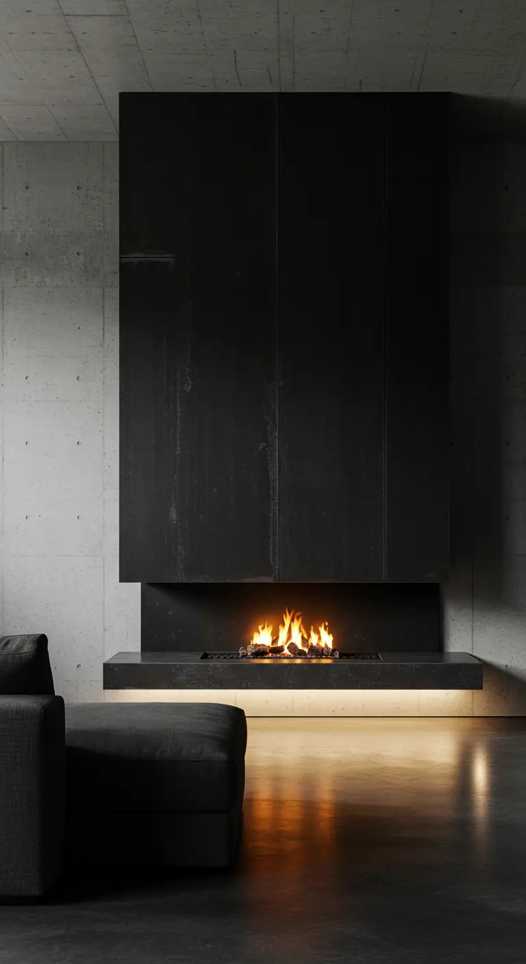 Chimenea moderna de acero negro integrada en una pared de hormigón.