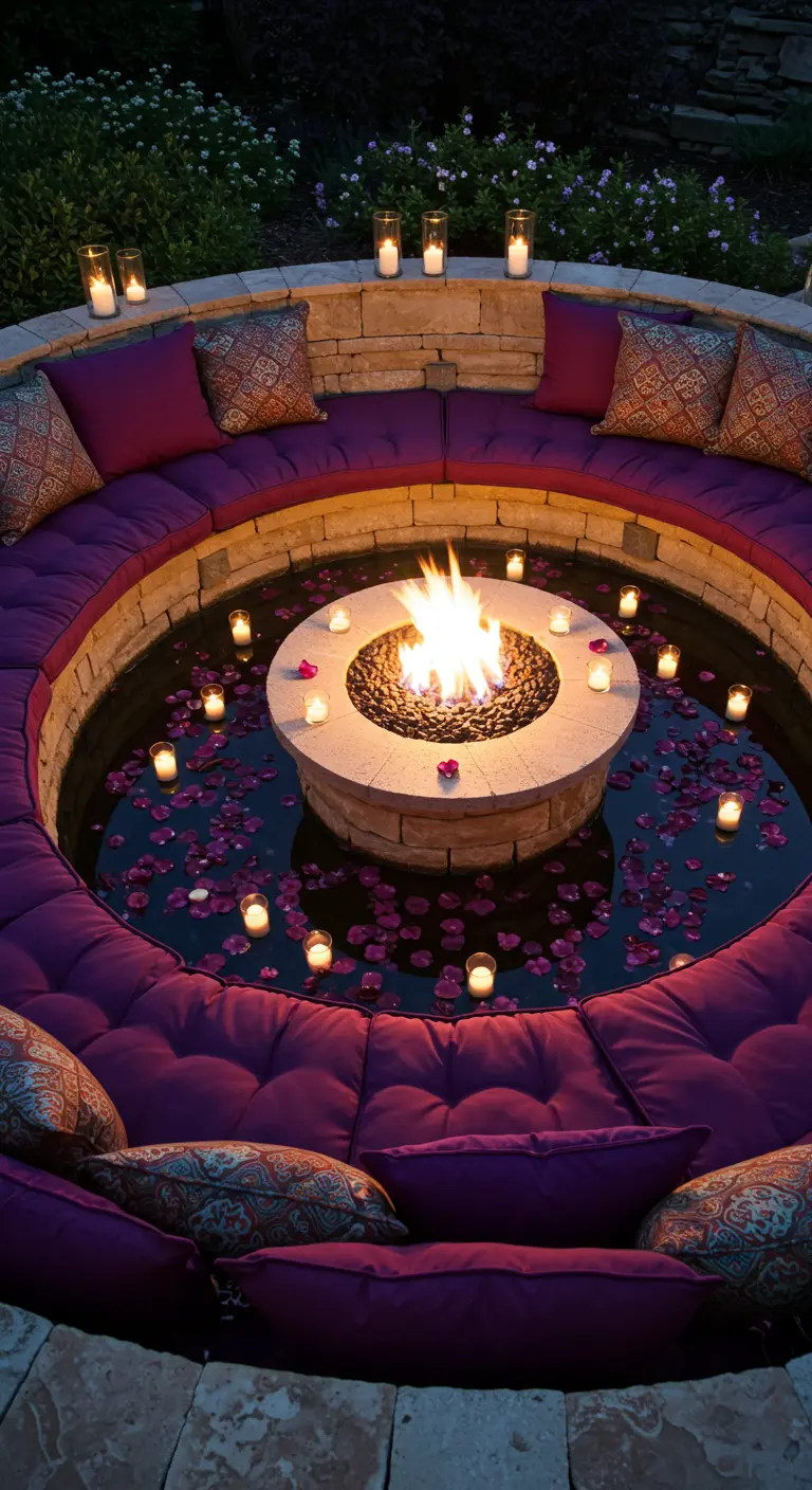 Hoguera circular rodeada por un foso de agua con pétalos de rosa y velas flotantes.