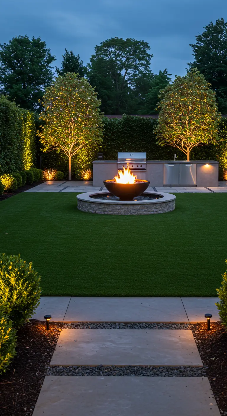 Jardín nocturno con césped artificial, brasero-fuente central y cocina exterior iluminada.