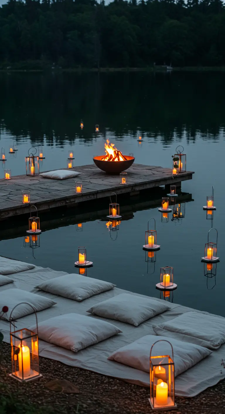 Hoguera en un brasero sobre un muelle de madera, rodeada de velas flotando en el lago.