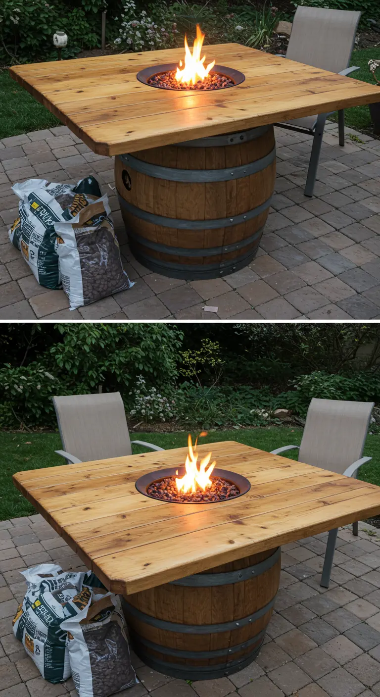 Mesa de exterior con base de barril y un fogón de gas encendido en el centro del tablero de madera