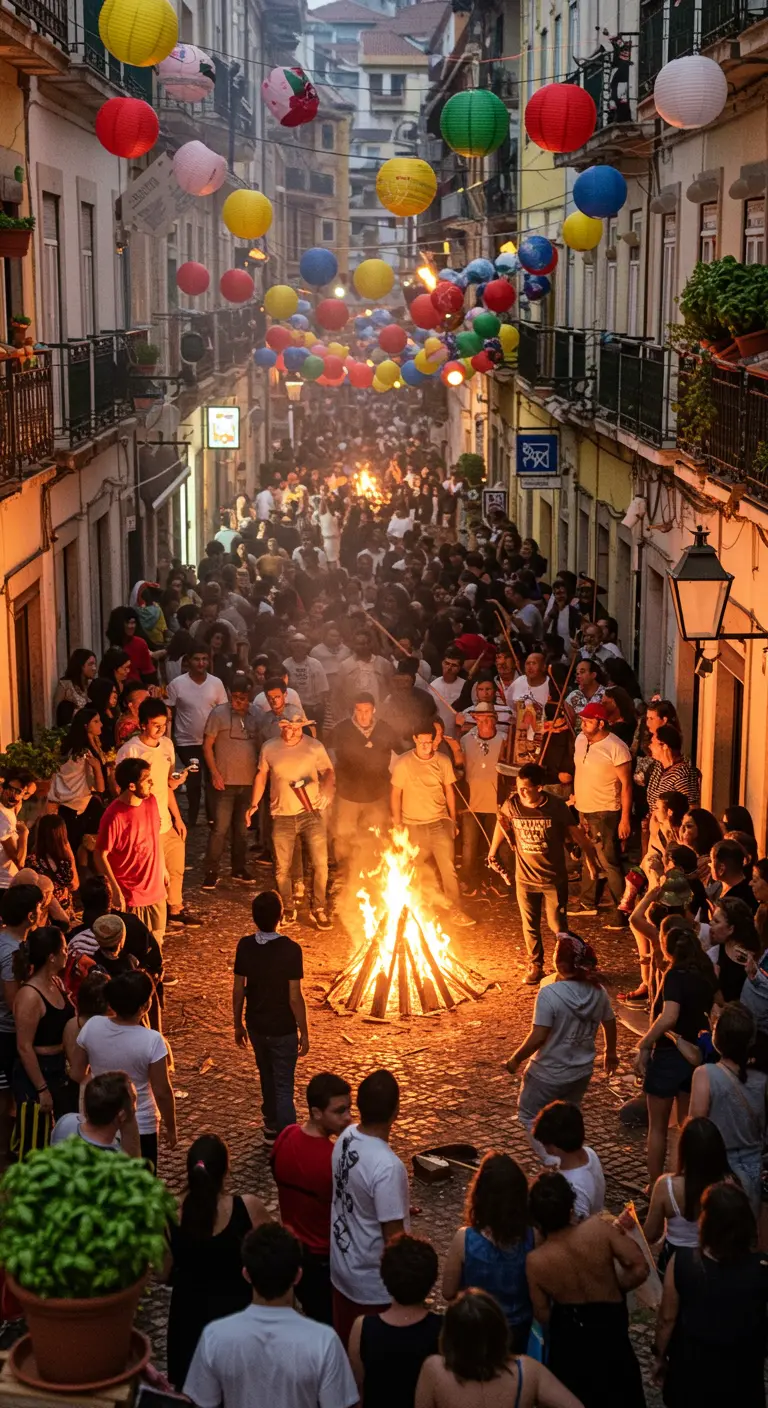 Callejón estrecho abarrotado de gente celebrando alrededor de una hoguera bajo farolillos de colores.