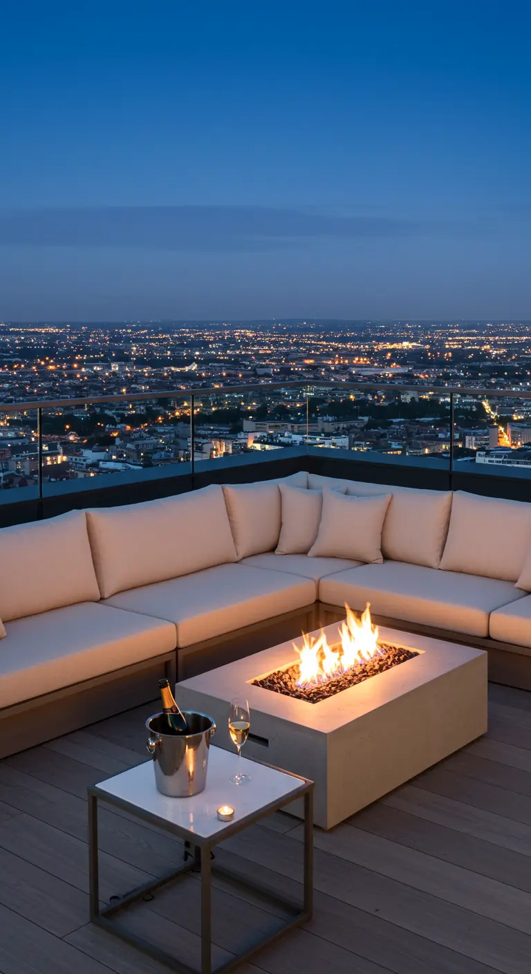 Terraza de lujo con sofá seccional, mesa con fuego y vistas panorámicas de la ciudad.