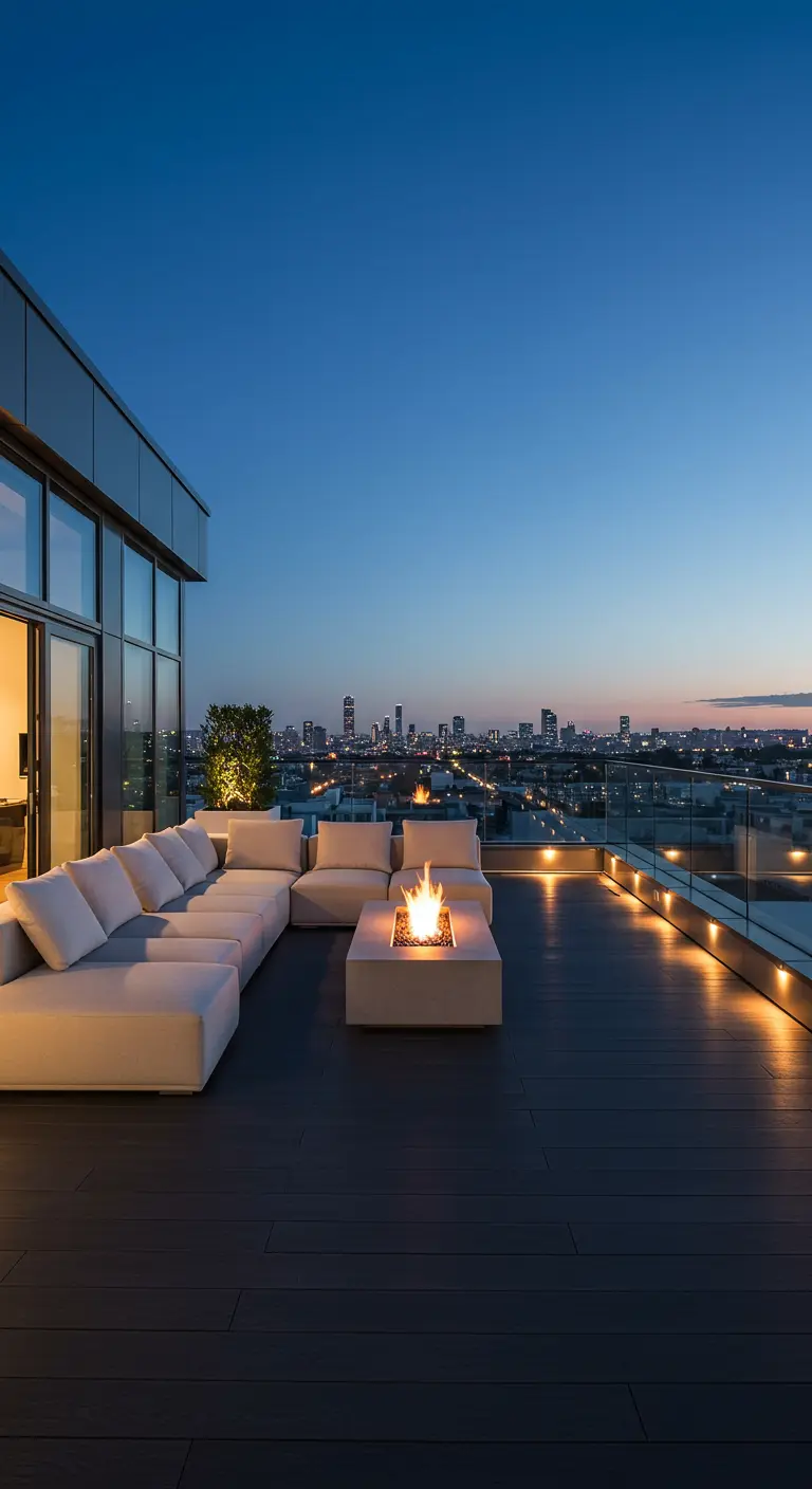 Ático moderno con sofá modular blanco, fogón central y vistas panorámicas de la ciudad.