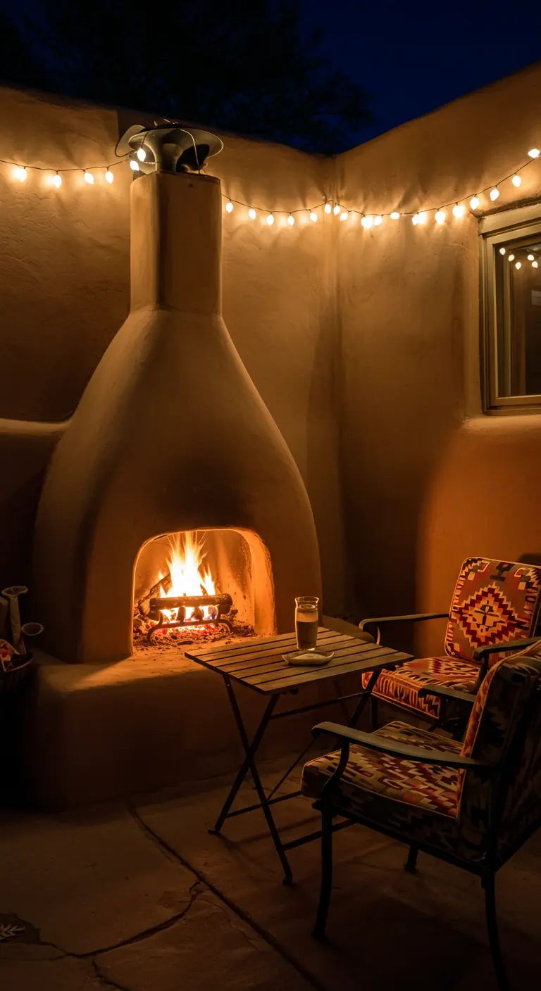 Patio de estilo suroeste con chimenea de adobe encendida, sillas con cojines étnicos y luces.