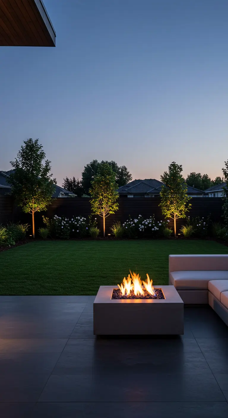 Patio moderno al anochecer con una hoguera de gas cuadrada y sofás blancos alrededor.