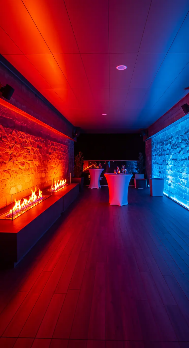 Espacio de fiesta con una pared iluminada en rojo con una chimenea y la pared opuesta en azul intenso