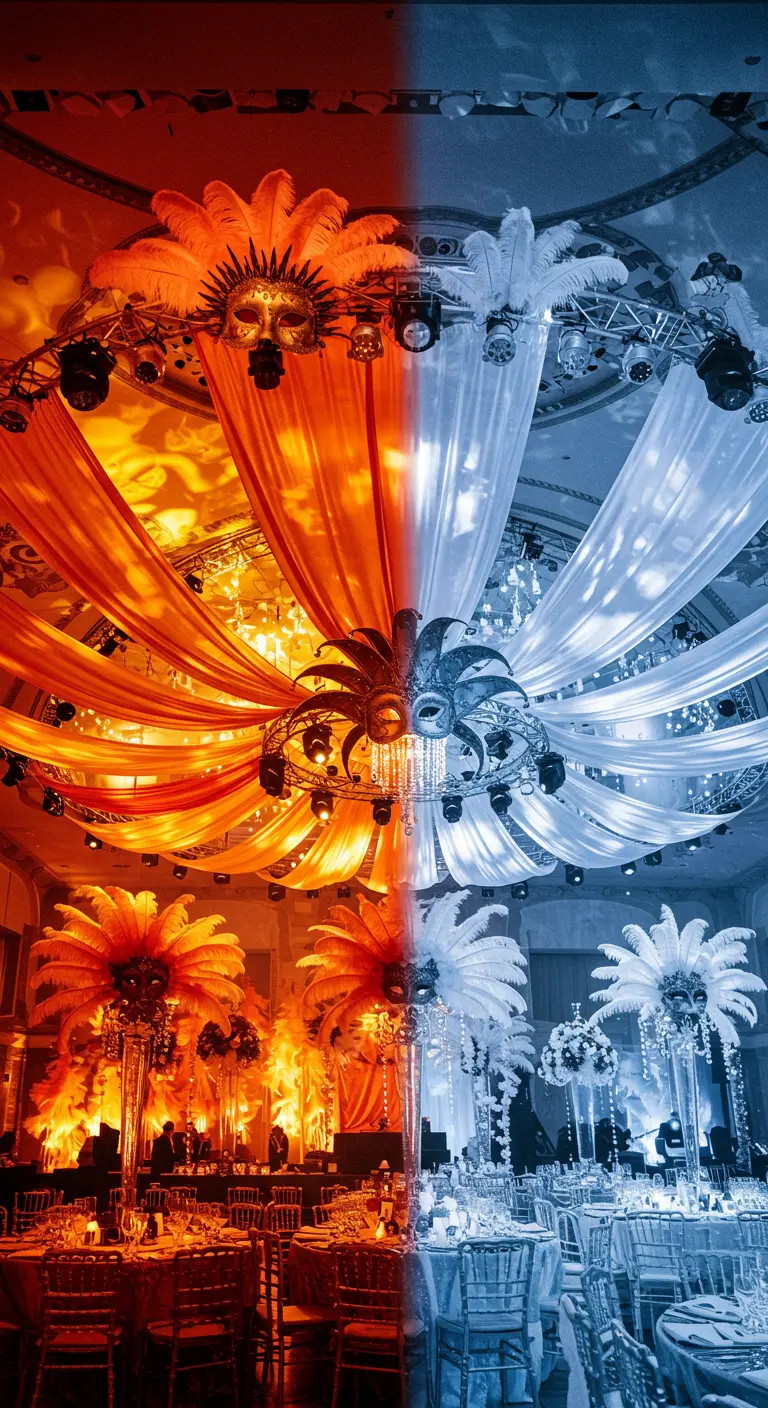 Salón de fiestas dividido por la mitad con decoración naranja (fuego) y azul/blanca (hielo).