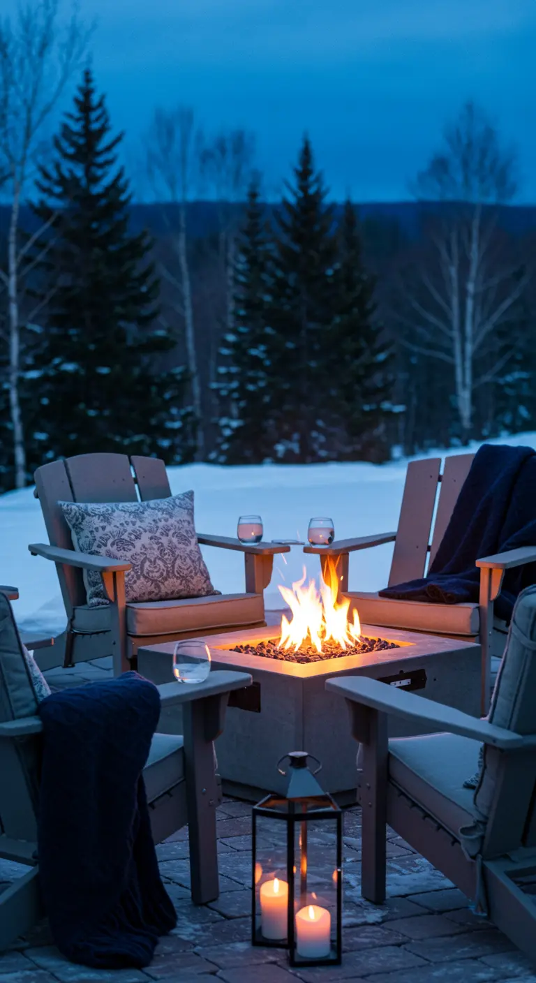 Fogata exterior en la nieve con sillas Adirondack y mantas azules.