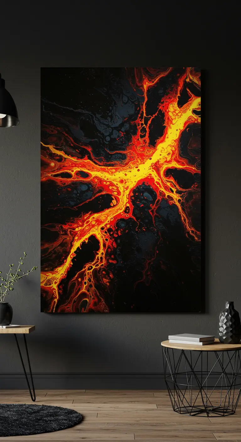 Lienzo grande con pintura fluida que simula lava roja y amarilla sobre un fondo negro