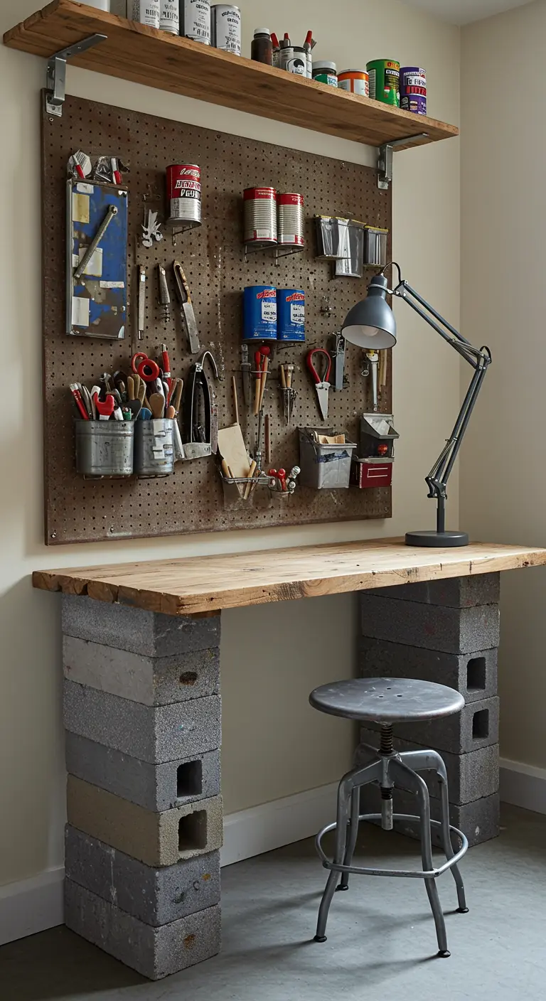 Escritorio hecho con bloques de hormigón y un tablón de madera, con un panel de herramientas en la pared.