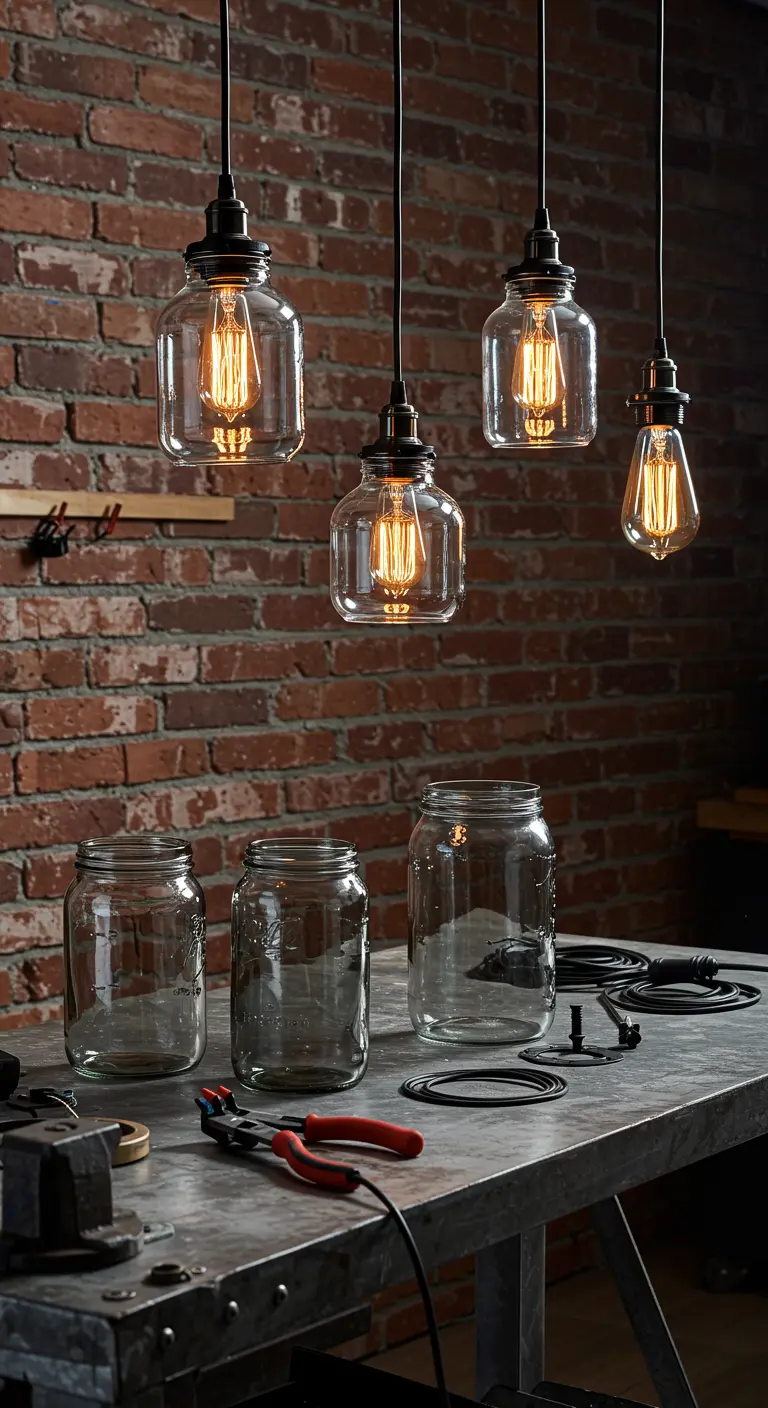 Lámparas colgantes de estilo industrial con frascos de vidrio transparente y bombillas Edison.