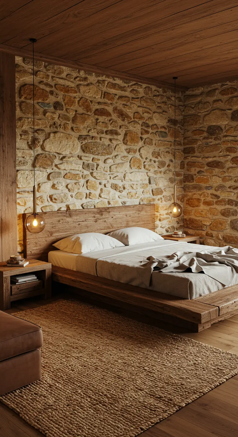 Dormitorio rústico con pared de piedra natural, cama baja de madera y alfombra de yute.