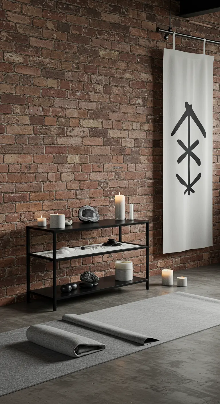 Espacio de meditación nórdico-industrial con esterillas grises, velas y un estandarte.