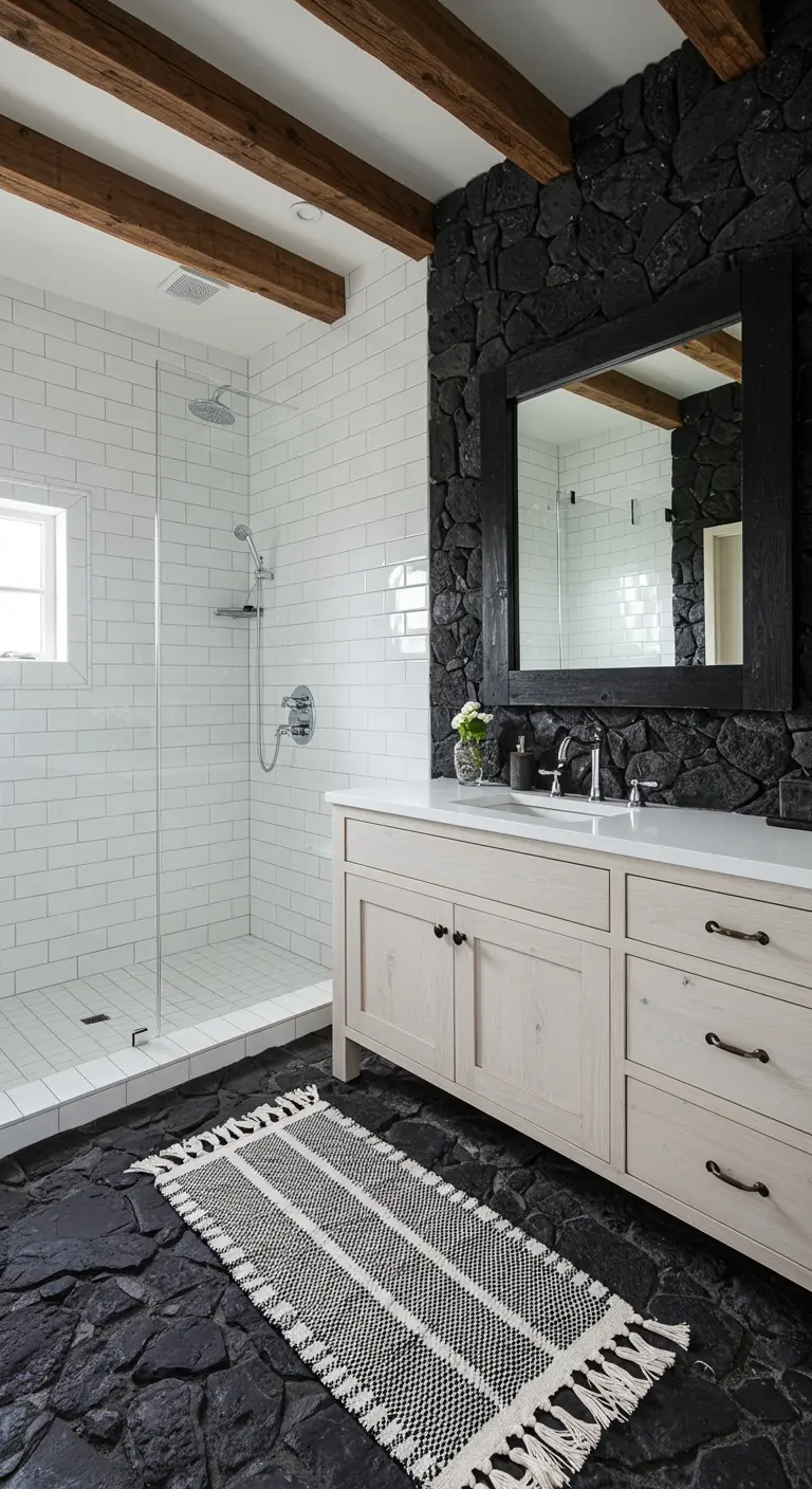 Baño de alto contraste con pared de piedra de lava negra, azulejos blancos tipo metro y mueble de madera clara.