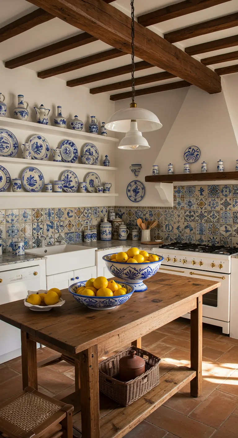 Cocina rústica con vigas de madera y estanterías llenas de cerámica azul y blanca.