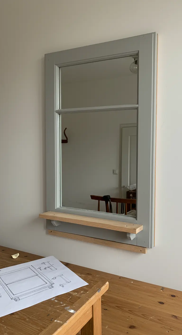 Espejo de ventana gris con una pequeña balda de madera, colgado en una pared blanca
