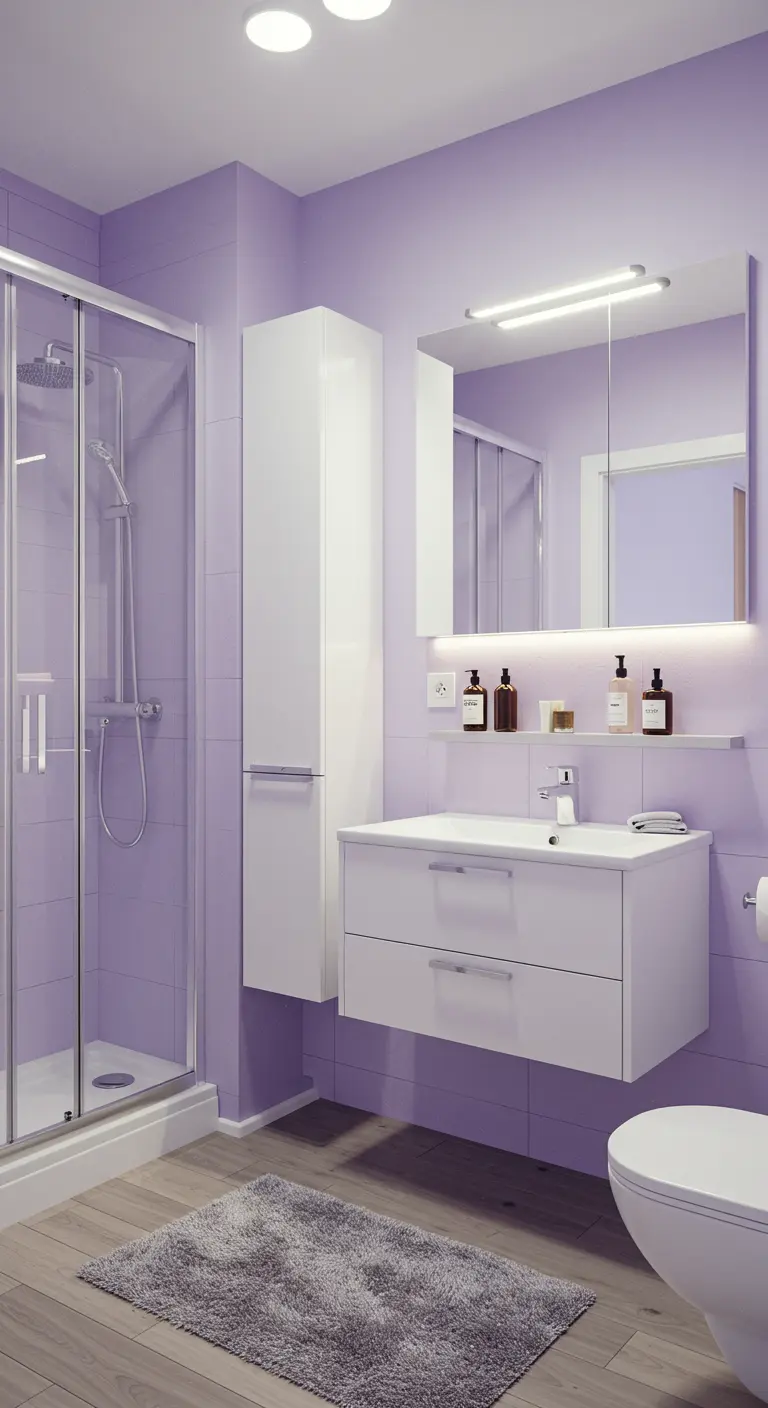 Baño funcional con paredes y azulejos de color lavanda y muebles modulares blancos