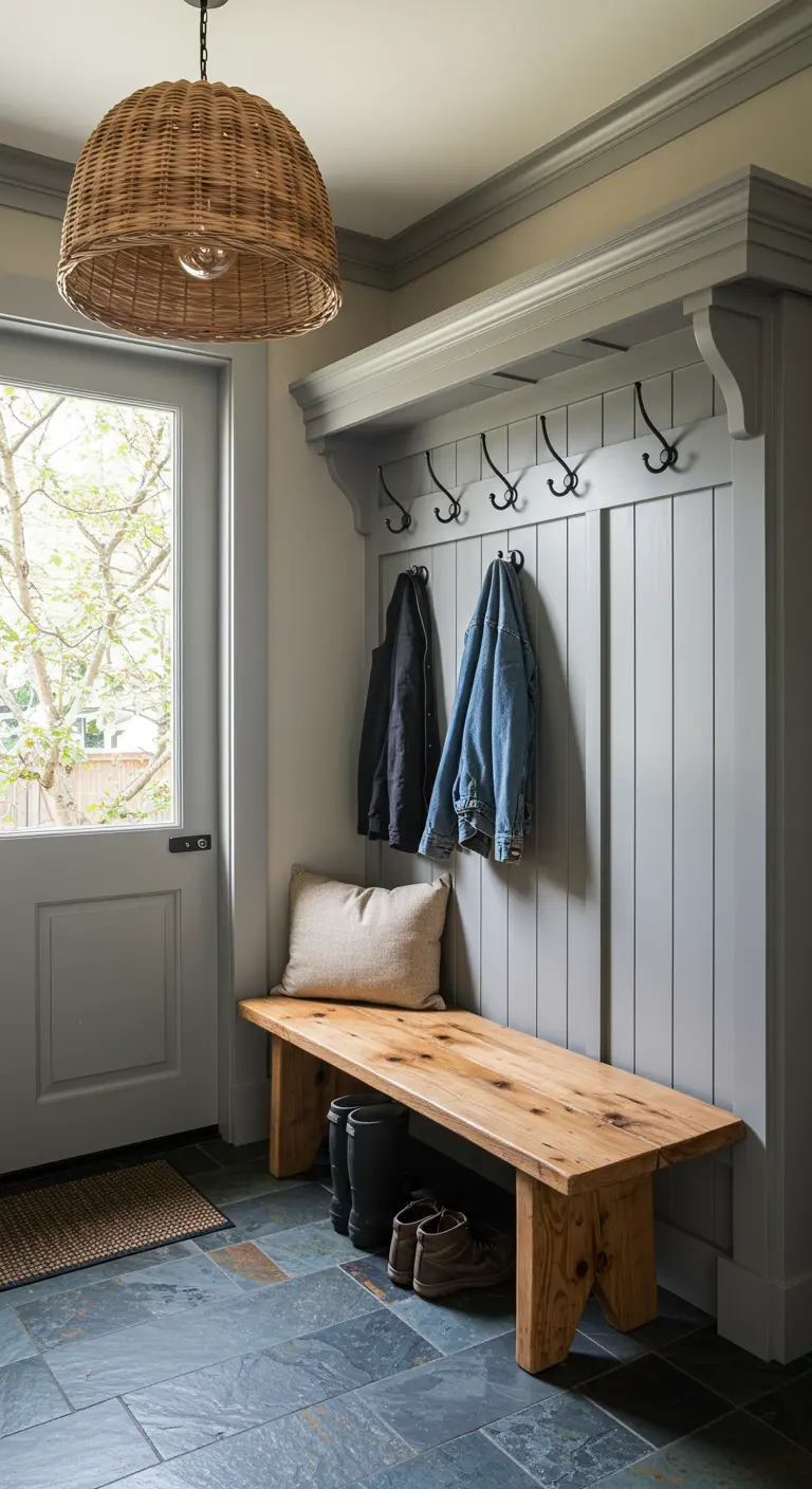 Rincón de entrada integrado con perchero, banca de madera y cojín, pintado en color gris