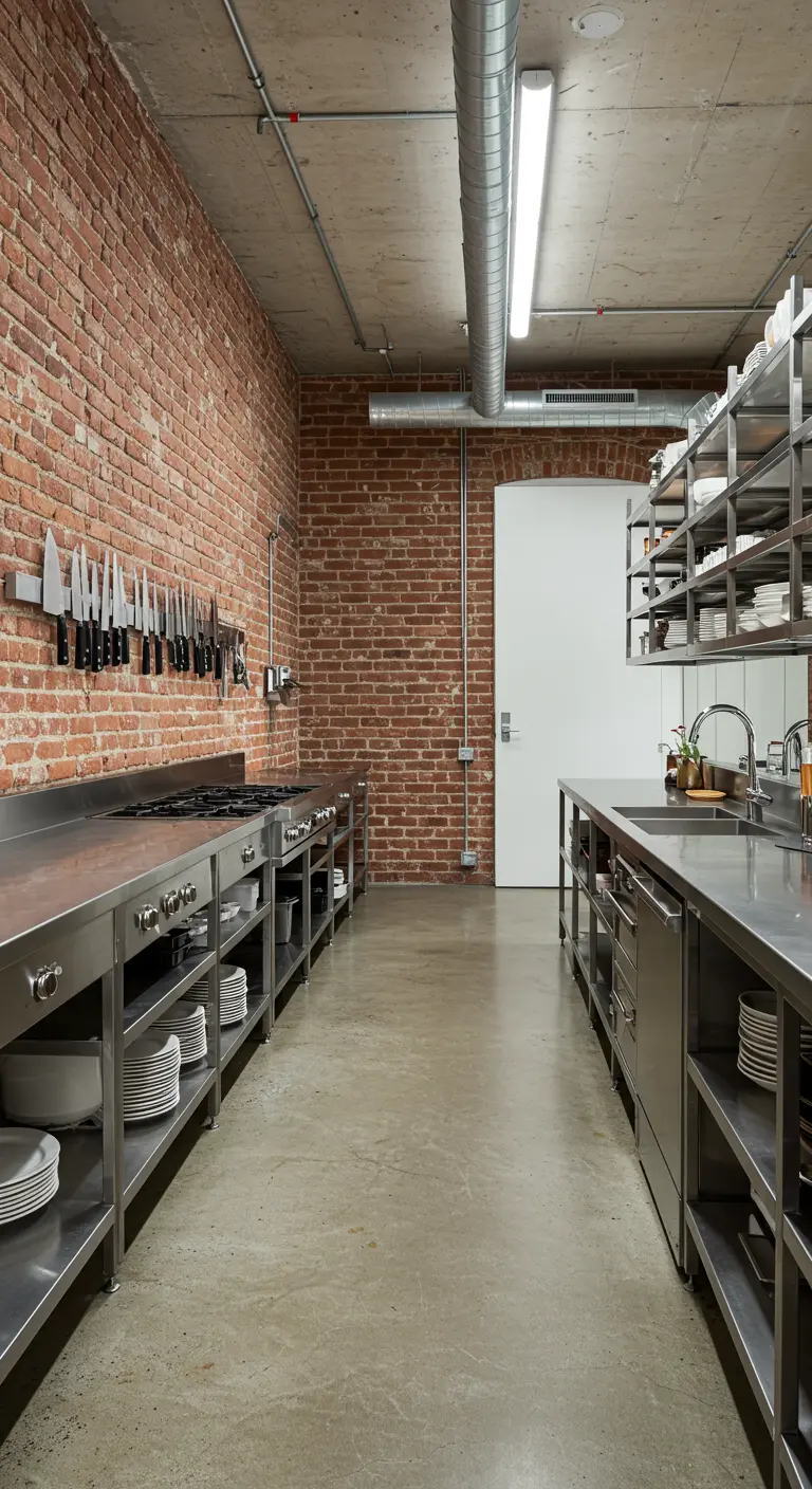 Cocina de estilo industrial con cuchillos alineados en una banda magnética sobre una pared de ladrillo