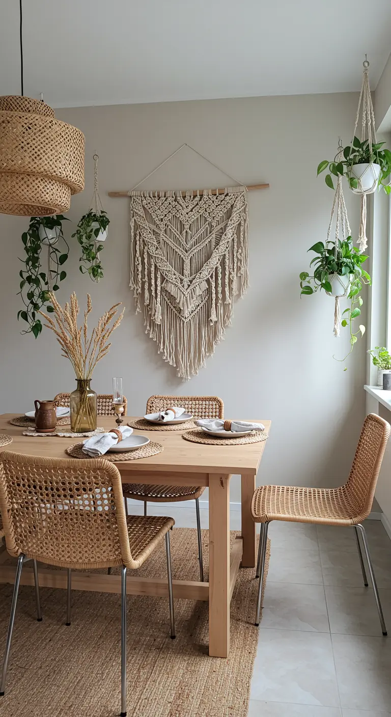 Comedor de estilo boho-escandinavo con tapiz de macramé, sillas de ratán y plantas colgantes.