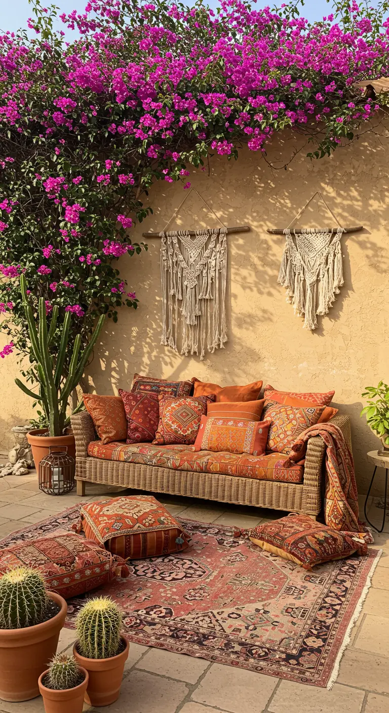 Patio bohemio con sofá de mimbre, cojines naranjas, alfombra persa y tapices de macramé.