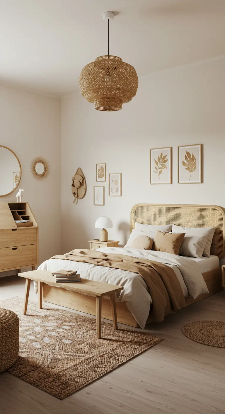 Dormitorio con cabecero de ratán, textiles en tonos tierra y decoración de inspiración bohemia.