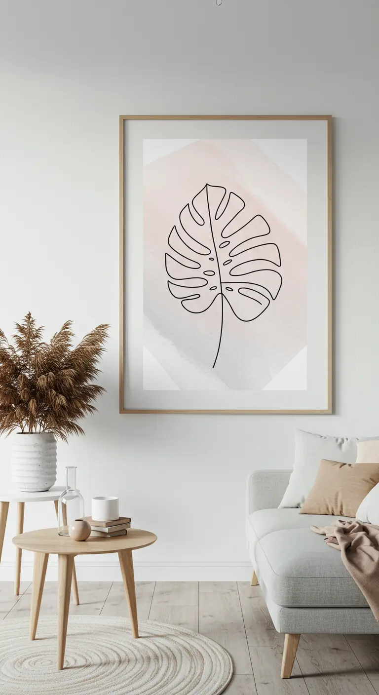 Cuadro con marco de madera que muestra una hoja de Monstera en 'line art' sobre un fondo de acuarela rosa.