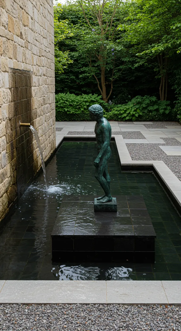 Escultura de bronce en un estanque moderno de baldosas oscuras junto a un muro de piedra.