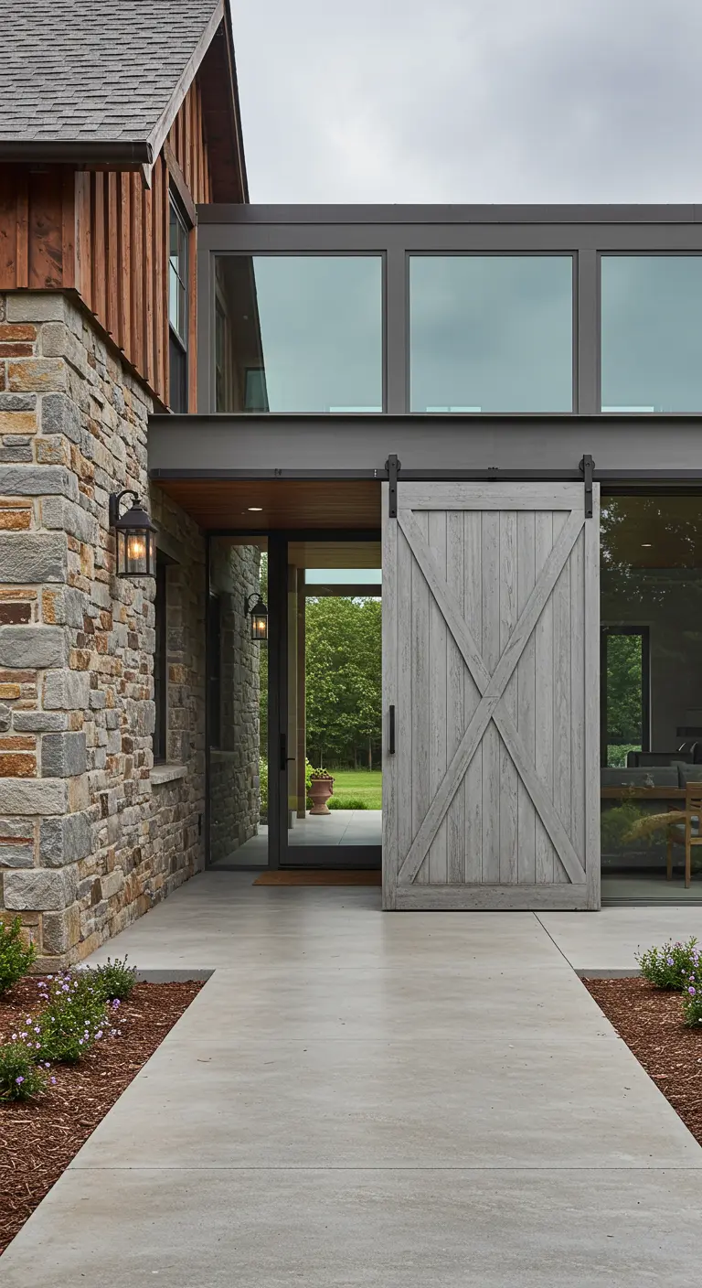 Casa moderna con paredes de piedra y cristal, y una puerta de granero de madera grisácea.